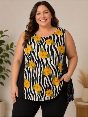 B•O•P Zebra Floral Rayon Tank Top 4X Plus Size Sleeveless Boho Animal Print